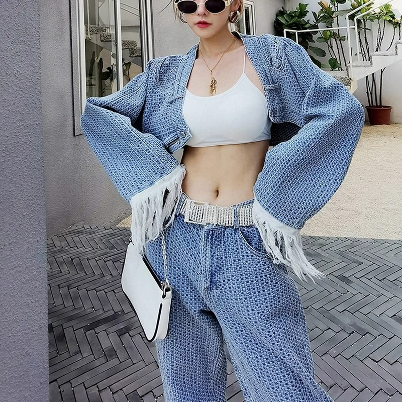 

2021 Women's Long-sleeved Two-piece Set with Fringed High-waist Short Denim Women's Autumn New Fashion Straight Jeans Suit
