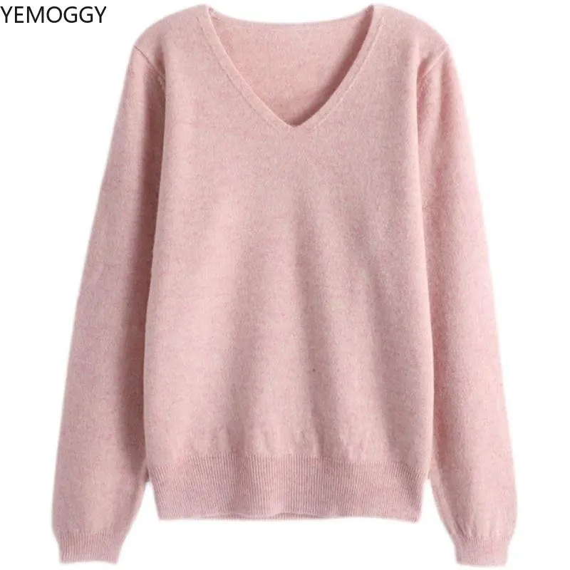 

Женский свитер, вязаные пуловеры, Базовая рубашка с V-образным вырезом для осени и зимы, новый теплый однотонный свободный свитер из чистого ...