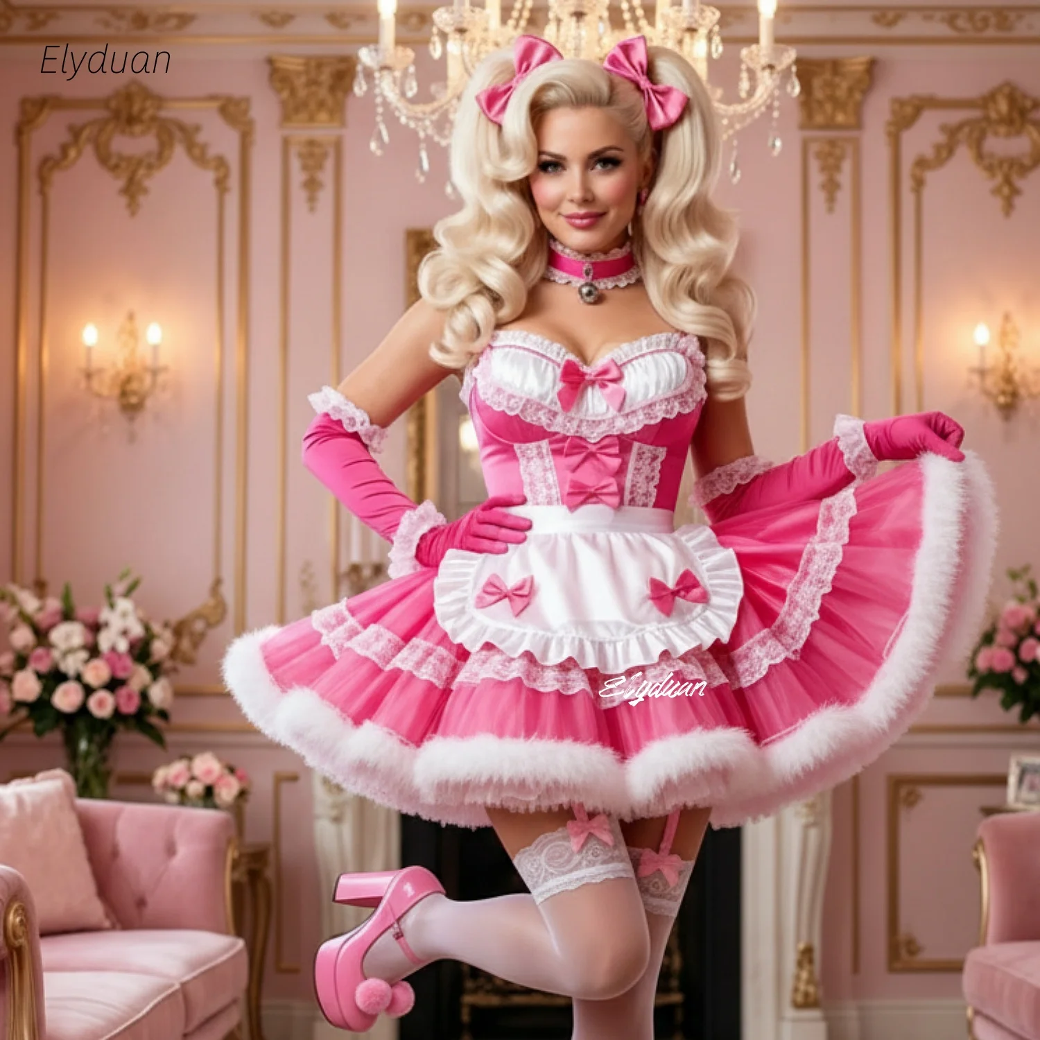 Фото Розовое короткое платье-пачка с меховой отделкой, ярко-розовый костюм горничной, корсет, платье для Хэллоуина, косплея, вечеринок и особых случаев, на заказ №1