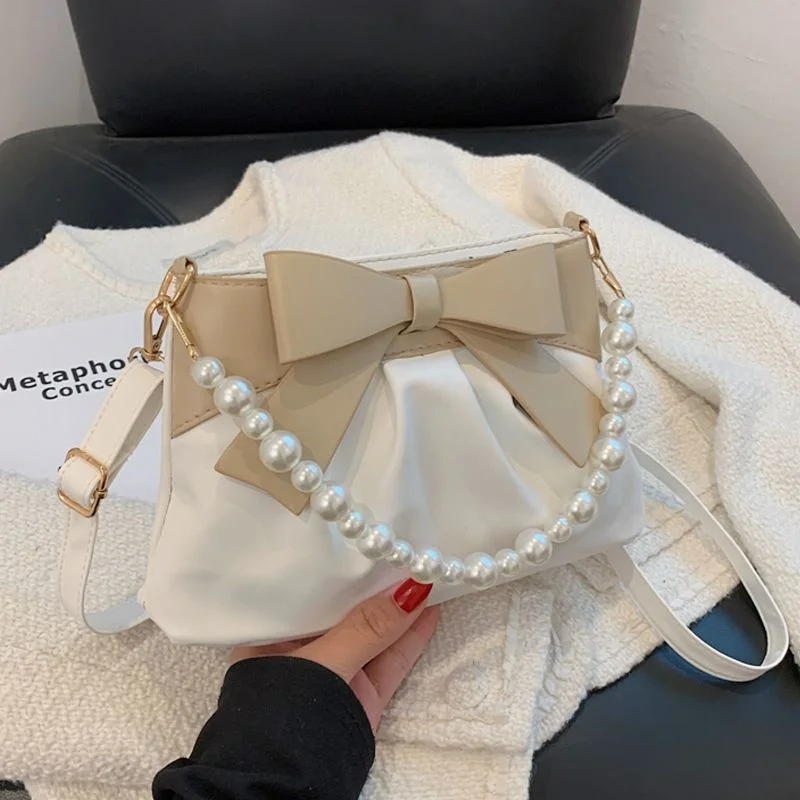 

New Fashion Womens Shoulder Bag Elegant Bow Trend Purses and Handbags Pearl Pleated Solid Color Female Bucket Crossbody Bag