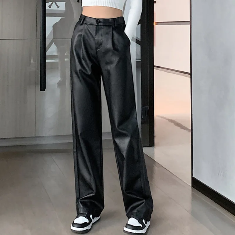 

Kio Stylish Chic Loose Women Leather Pants Autumn Winter New Fashion Ladies High Waist Straight Leather Trousers