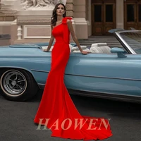 haowen sexy one shoulder evening dresses mermaid soft satin formal prom party gown floor length charming court train