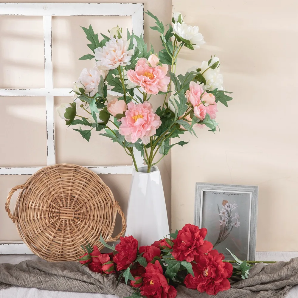 

Искусственные пионы 4 шт., длинные шелковые цветы, 3 больших головки, 4 бутона, искусственный букет для свадебного стола