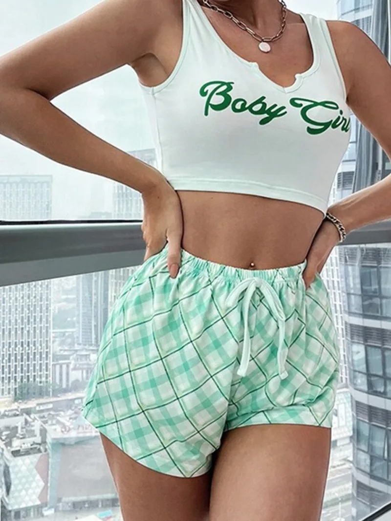 Женский сексуальный топ на бретелях из двух предметов клетчатые шорты домашний