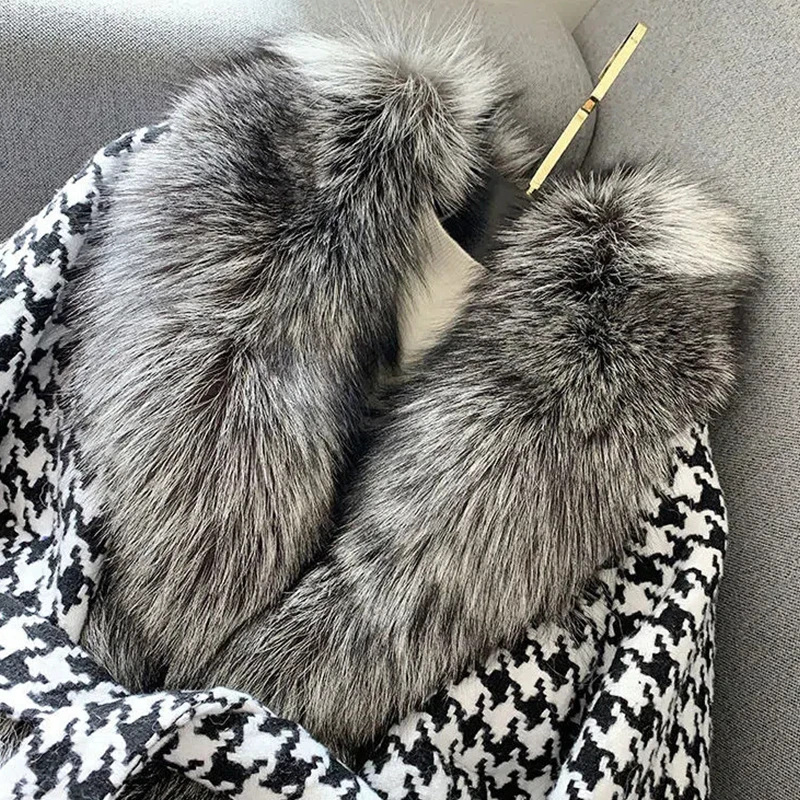 Fur Coat Female 2022 Autumn Winter New Fashion With a Thousand Bird Check Lace-up Furry Warm Silver Fox Fur Jacket Women