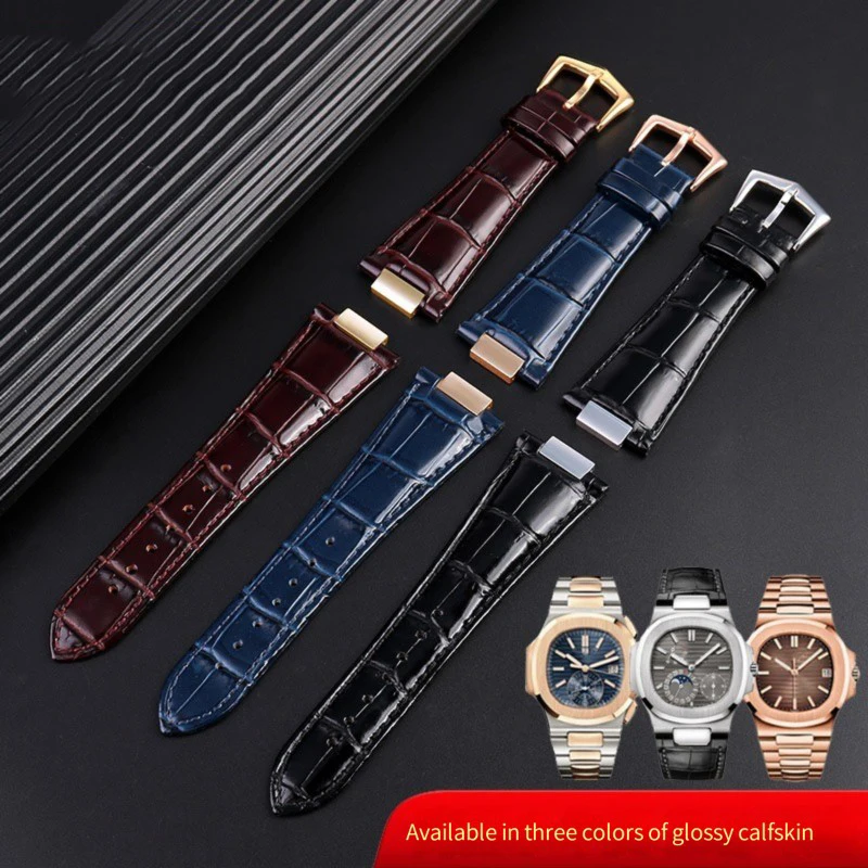 notch Genuine Leather Watch Strap + connector  25X13mm For Patek Philippe Nautilus 5711 5726 5712g watchband wristband Bracelet
