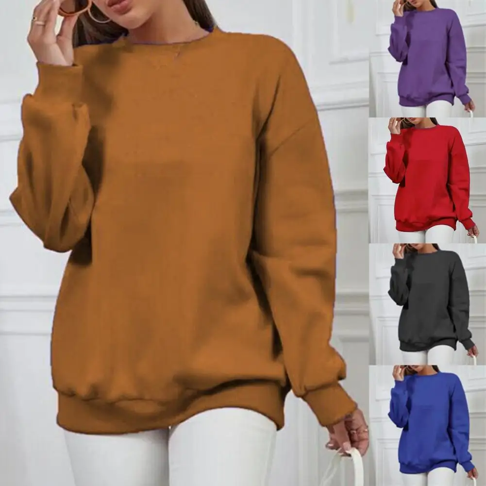 

Women Sweatshirt Solid Color Ribbed Cuff Spring Autumn Temperament Crew Neck Pullover for Party