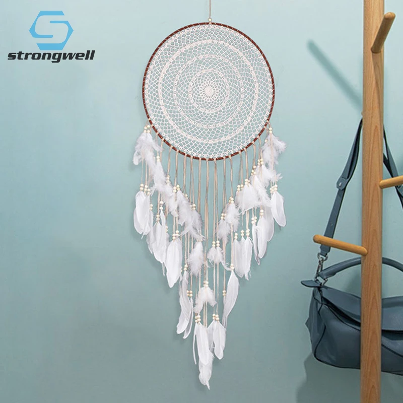 

Strongwell Hand Knitted Flower Dream Catcher Nordic Feather Pendant Literary Gift Home Decor Wind Chime Girlfriend Birthday Gift