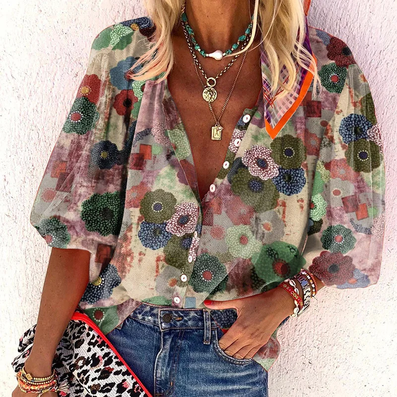 

Vintage Blouse Spring and Summer Half Sleeve Shirt Women Tops Casual Loose Stand Collar Floral Dot Print Blouse Clothes 26142