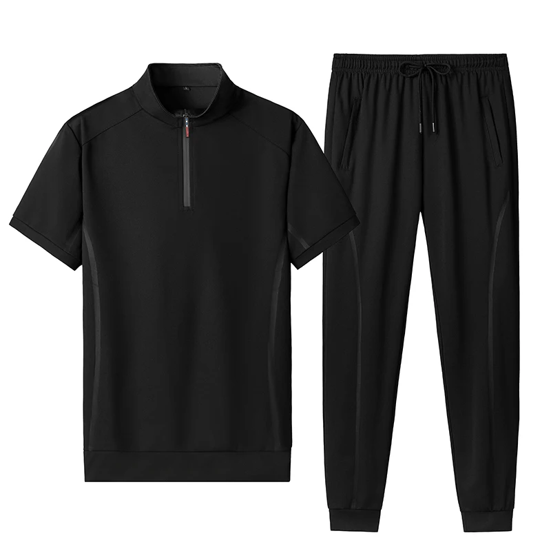 

Men 2 Pcs/Set Sportswear Stand Collar Short Sleeve T-shirt + Casual Trousers Sweat-absorbing Breathable Men Gym Sportwear Suit