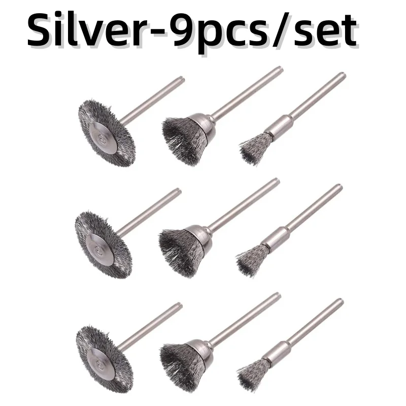 

9 шт., латунная стальная проволока, колесная щетка, аксессуары для полировки шлифовальной машины, набор вращающихся электрических инструментов для гравера, полировки стали, шлифования
