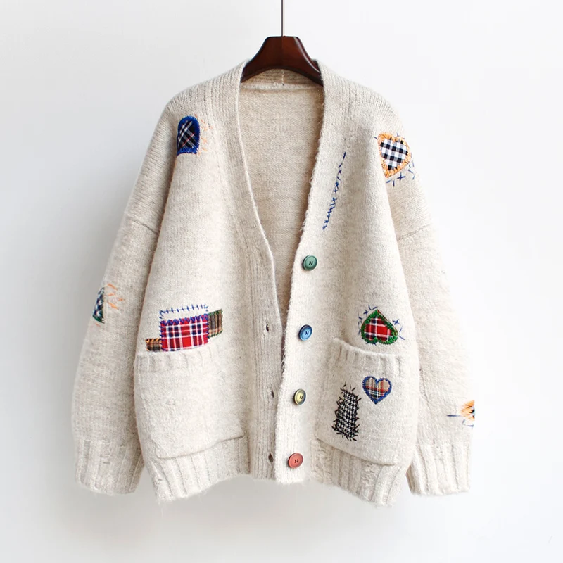 

Women V Neck Sweater Cardigans Loose Korean Style Patchwork Stitch Chic Long Cardigans Ropa Mujer Sweater Coat 2022 Winter