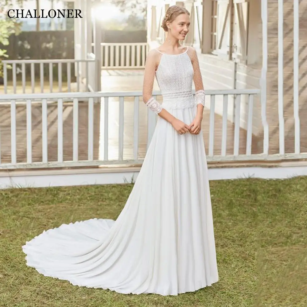 

Challoner Vestido De Novia Bohemia O-Neck Long Sleeve A-Line Wedding Dresses Women Modern Illusion Pleat Bridal Gown Custom Made