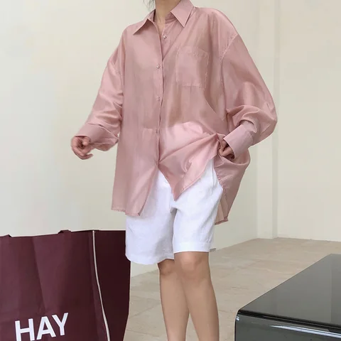 Женская Повседневная однотонная Свободная рубашка с отворотом и длинным рукавом с карманом, лето