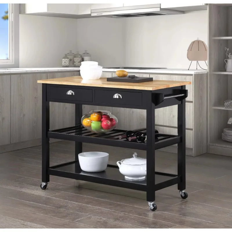 

Convenience Concepts American Heritage 3 Tier Butcher Block Kitchen Cart with Drawers, Butcher Block/Black
