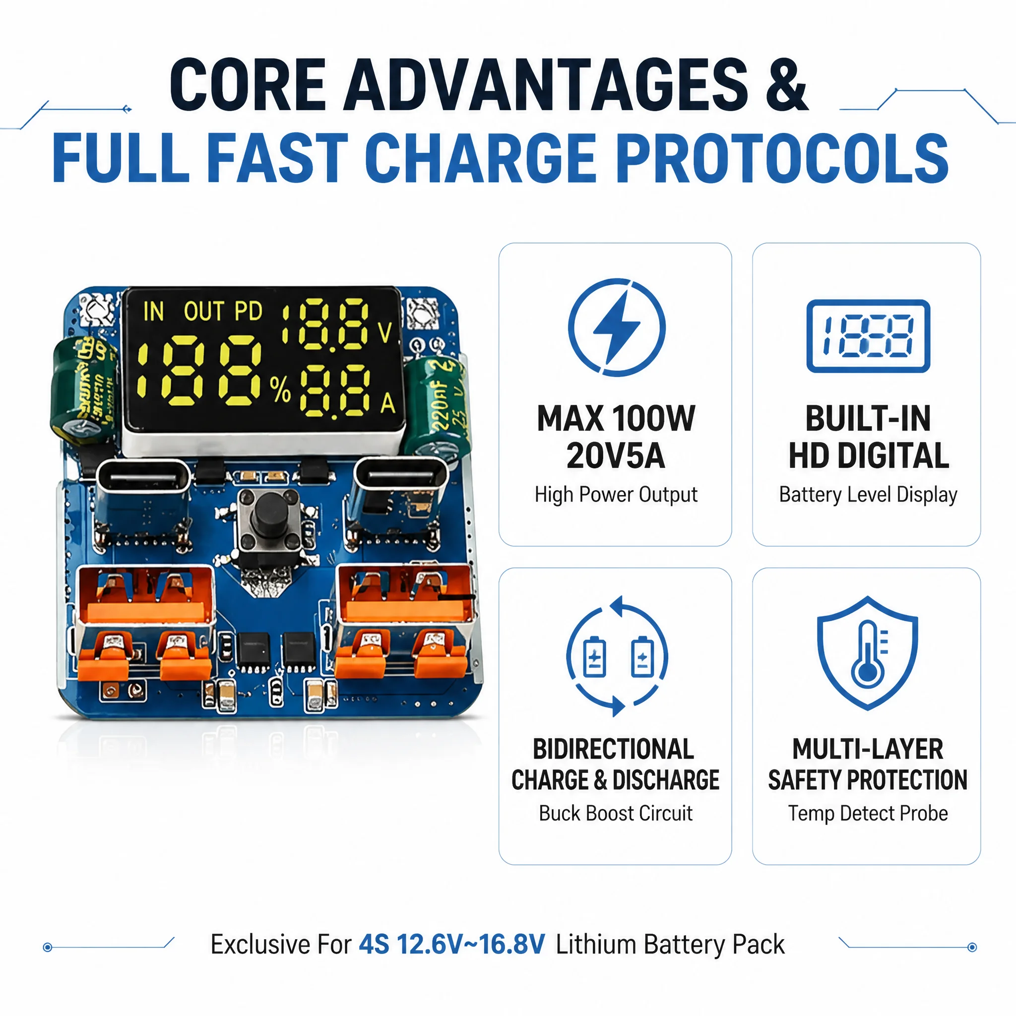 Фото Модуль двунаправленного преобразования напряжения VONTOOL DS4656 100W для 4S литиевых аккумуляторов с быстрой зарядкой и разрядкой PD и цифровым дисплеем №3