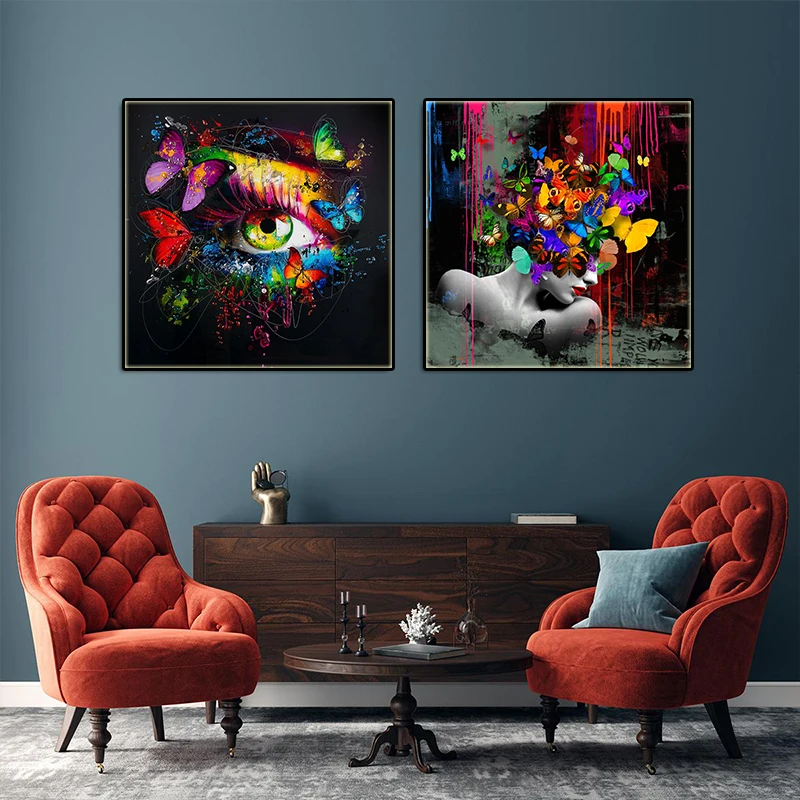 Colorful Butterfly Head of Woman Canvas Painting with Frame 