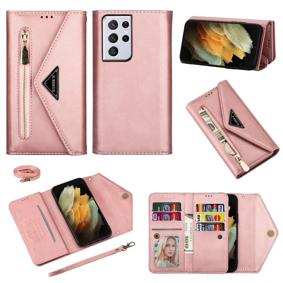 Wallet Zipper Lanyard Leather Case For Samsung Galaxy S23 Ultra S22 S21 Plus S20 FE A13 A14 A31 A32 A33 A51 A52 A53 A54 A71 A72