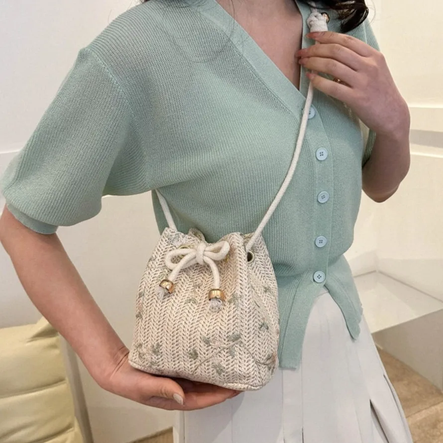 Корейский стиль тканая сумка через плечо с цветочным узором бежевая соломенная