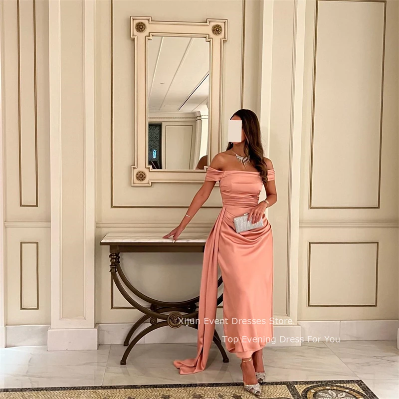 Женское короткое вечернее платье Xijun розовое с открытыми плечами и рукавами из