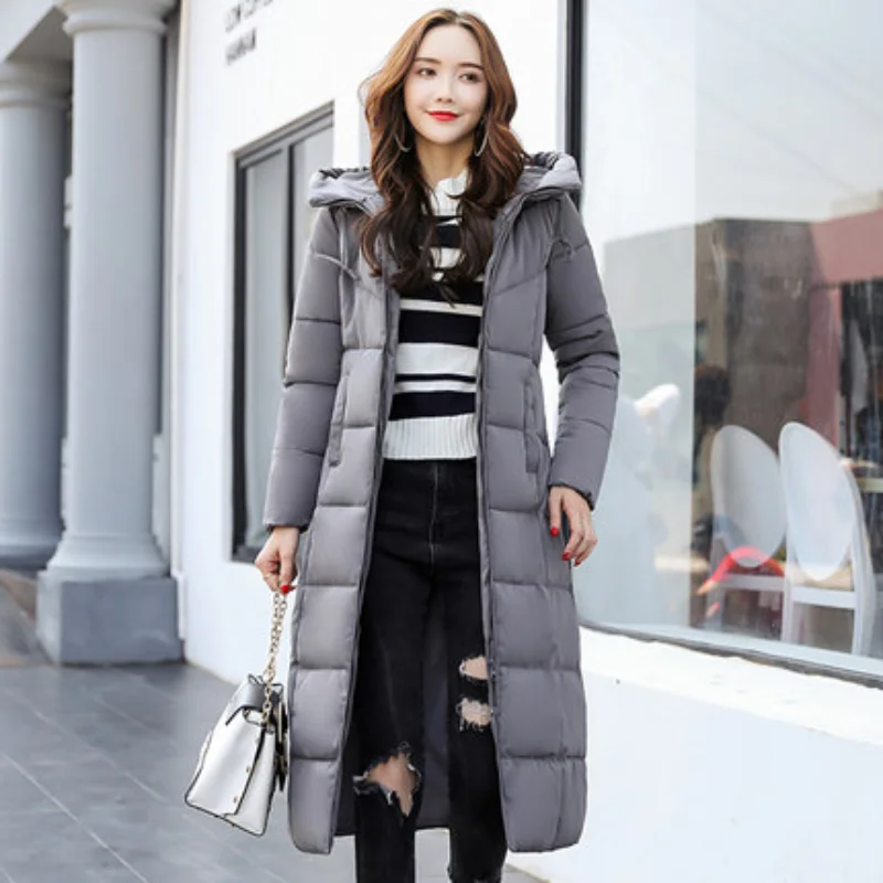 Winter Long Parkas Jackets Women 2022 Thicken Warm Hooded Padded Jackets Knee Lenght Casual Solid Cotton Coats Female OutWear