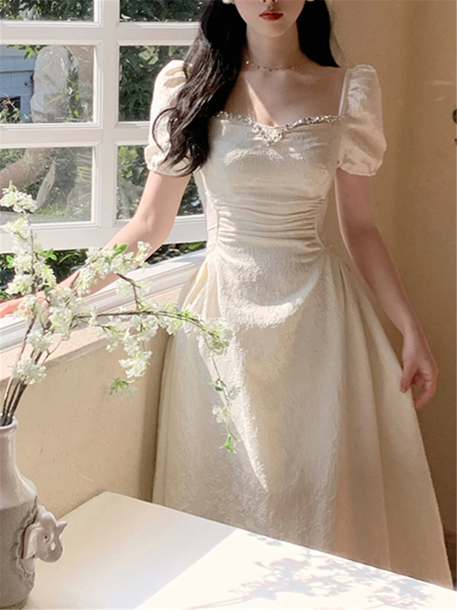 

Elegant Midi Dresses Women 2023 Summer New Fashion Vintage Princess Evening Party A Line Korean Clothes Vestdios Female Dress