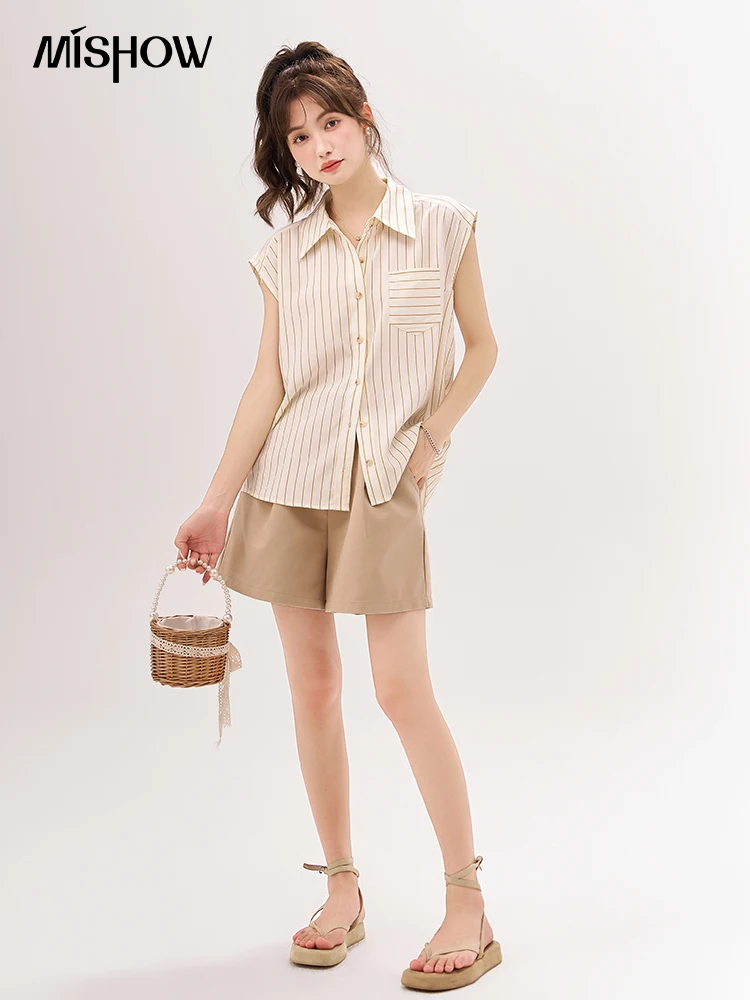 MISHOW Light Khaki Shorts for Women 2023 Summer High Waist Straight Wide Leg Casual Short Pants with Belt Office Lady MXC38K0120