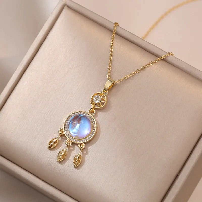 

Romantic Dreamy Moonstone Dream Catcher Tassel Pendant Necklace for Women Girls Stainless Steel Chain Accessories Gifts