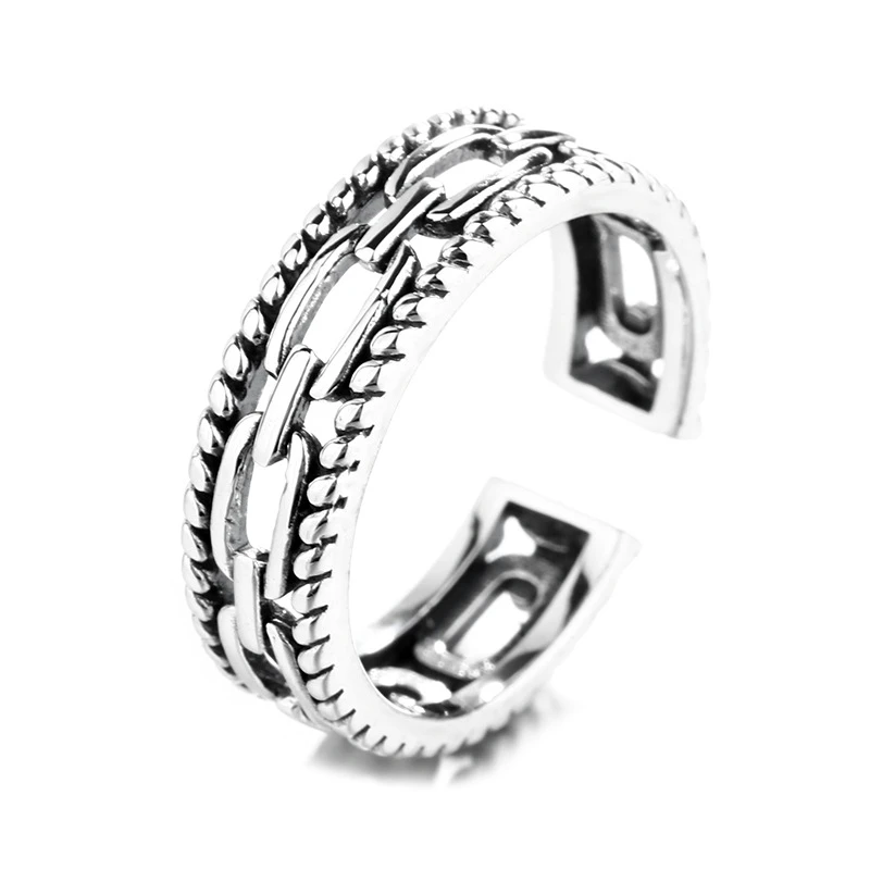 

S925 Sterling Silver Vintage Twisted Rope Chain Opening Adjustable European and American Hollow Personality Women's Ring