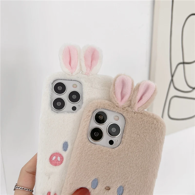 Милый 3D плюшевый чехол для телефона с кроличьими ушками iPhone 12 11 Pro Max 13 Mini X XR XS 7 8 Plus