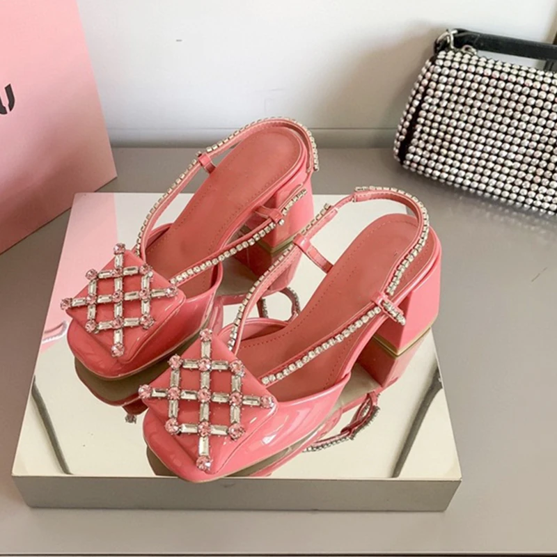 

Модные стразы, босоножки на высоком каблуке для женщин 2021, туфли с квадратным носком и кристаллами, женские туфли-лодочки вечерние ринки и с...