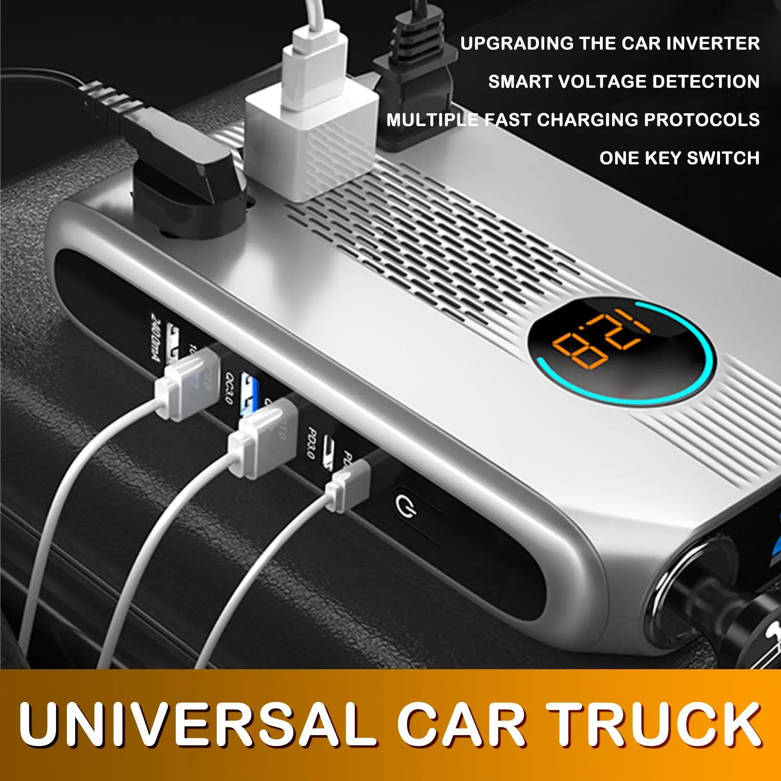 

6 USB Car Charger QC3.0 PD Fast Charging 200W 12V 24V To 220V LED Screen Car Inverter With 3 Socket 2 Cigarette Lighter Inversor