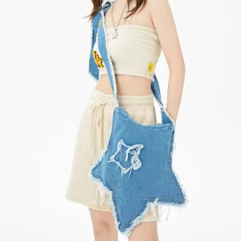 Star Denim Bag Damaged Brushed American Washed Cross Shoulder Multi functional Star Bag Shoulder Bags Messenger Bags