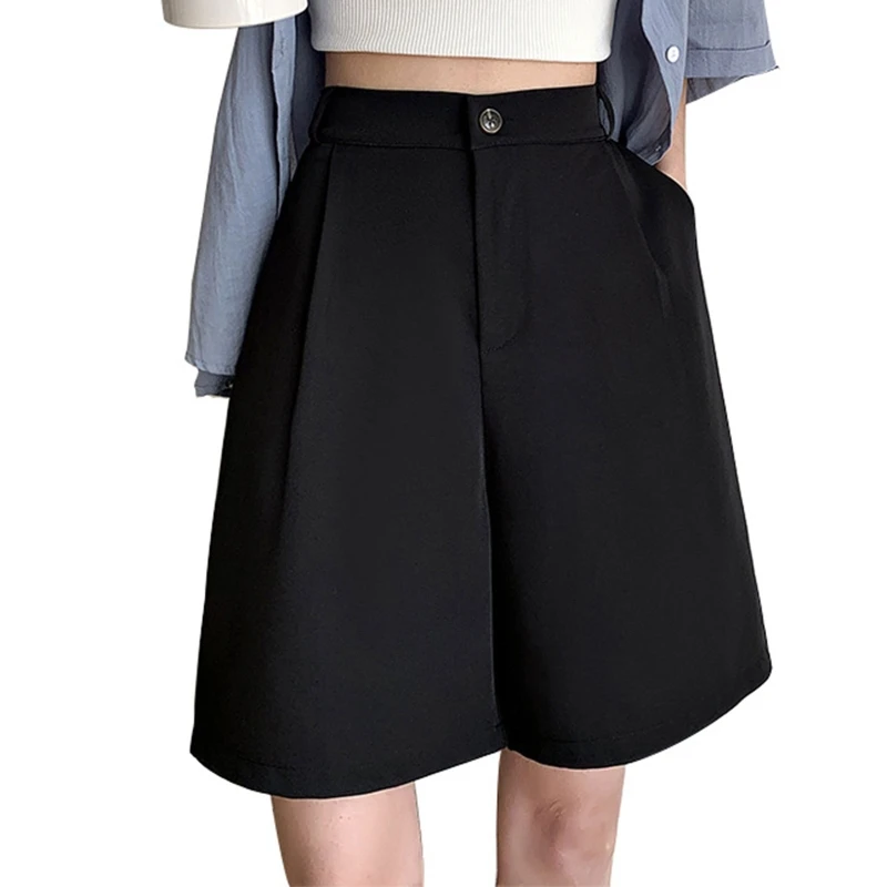 

Women Summer Elastic High Waist Wide Leg Shorts Simple Solid Color Office Lady Knee Length Loose Suits Half Trousers