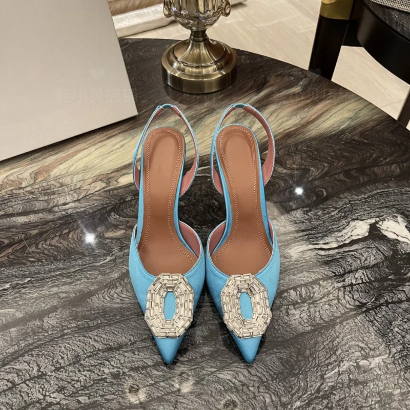 Baotou Women's Sandals Spring/Summer 2023 New Muller Fashion Rhinestone Square Buckle Pointed Thin Heel High Heel Sandals