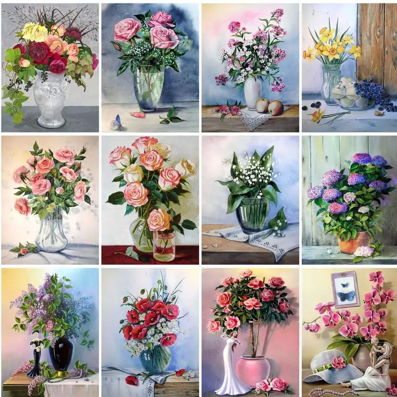 

PhotoCustom DIY Pictures By Number Flower in vase Kits Painting By Numbers Hand Painted Picture Drawing On Canvas Gift Home Deco