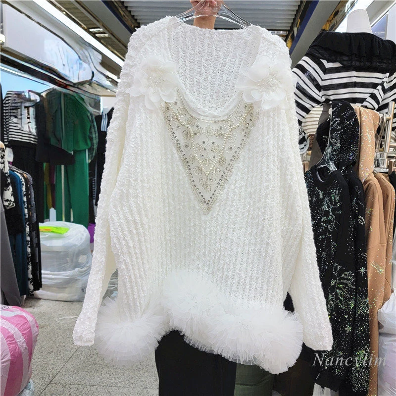 

Mesh Hem Sweater Womans Exquisite Rhinestone Stitching V Neck Autumn Pullovers New Lazy Wind Loose All-Matching Knitwear