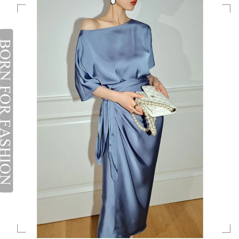 

2023 Summer Elegant High Quality Luxury Chiffon Solid Color Raglan Sleeve Bag Hip Inclined Shoulder Dress for Women Clothing