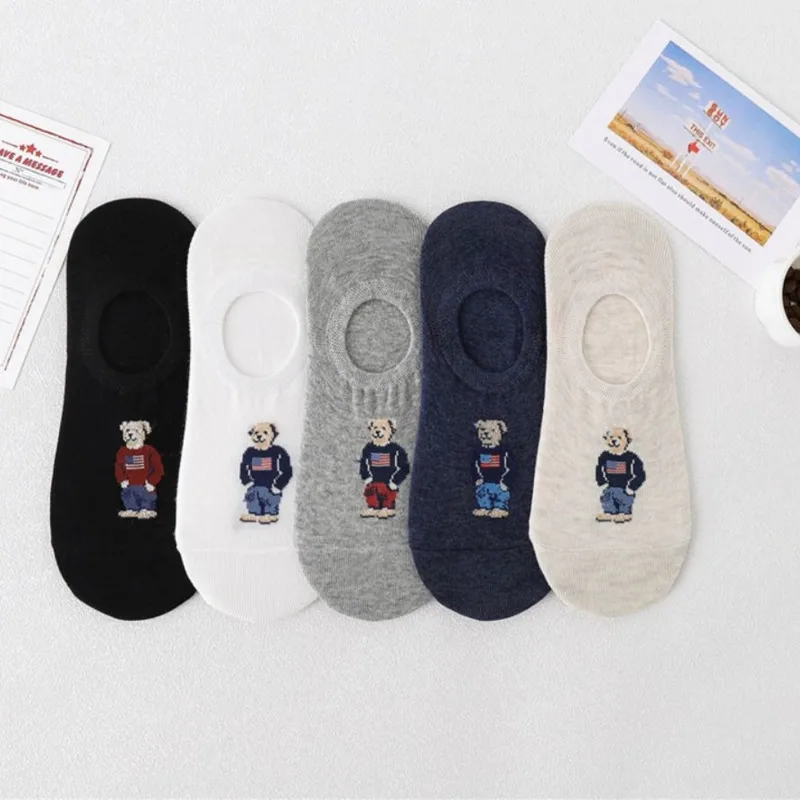 Fashion Men's Boat Socks Cartoon Bear Summer Autumn Anti-Slip Transparent Silicone Cotton Ankle Slippers Socks Retro