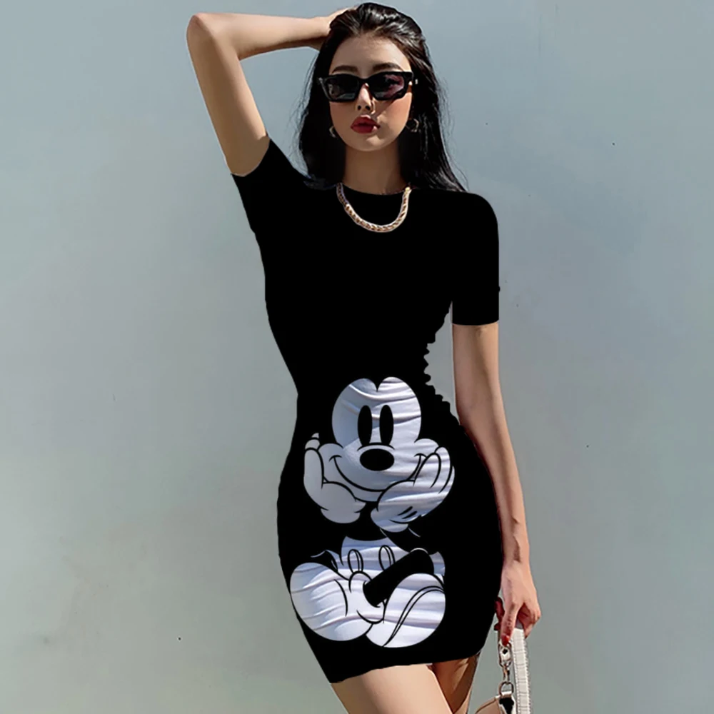 

Fashion Women Summer Disney Minnie Mickey Mouse Pencil Tight Dress Design O-Neck Short Sleeve High Waist Slim Hips Mini Dress