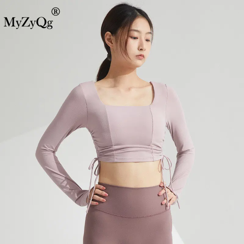 

Женская спортивная футболка с нагрудной подушкой, футболки для бега на шнурке с длинным рукавом, дышащий Топ для тренажерного зала, фитнеса, йоги, тренировочная одежда для тренировок