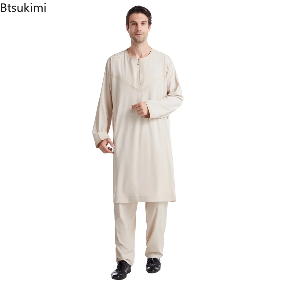 Ramadan 2piece Long Sleeve Plain Solid Muslim Men Clothing Arabic Islamic Abaya Robe Fashion Saudi Arabia Dubai Mens Jubba Thobe