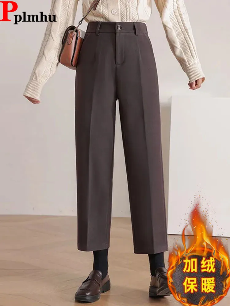 Зимние теплые шерстяные свободные прямые брюки женские с высокой талией на