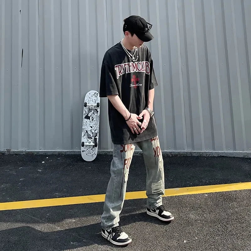 European American High Street Letters Embroidery Oversized Jeans On The Back Of Men'S Loose Straight-Leg Ripped Trousers Unisex