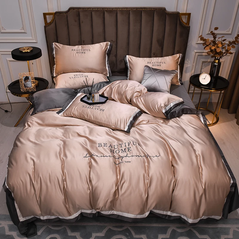 

OLOEY Silky Bedding set Luxury Embroidery Duvet cover Elastic Flat Bed sheet pillwocases Queen King size Cool in Summer Bed set