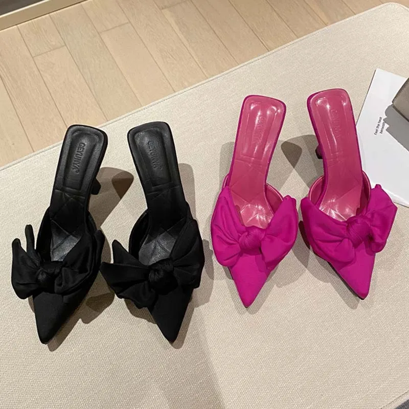 

2022 Ladies Thin High Heels Women Pumps Slides Mules Casual Butterfly-Knot Fashion Pointed Toe Female Heeled Shoes Sandals