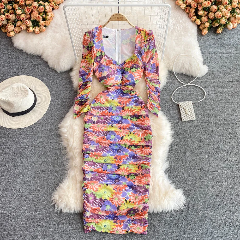 

2022 Summer Floral Print Midi Long Sheath Bodycon Dress Women Flower Mesh Tulle Party Dresses Fashion Elegant Vestidos