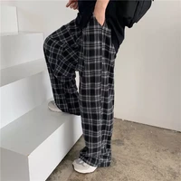 plaid pants women casual loose wide leg trousers with pocket ins retro teens straight trousers hip hop unisex streetwear