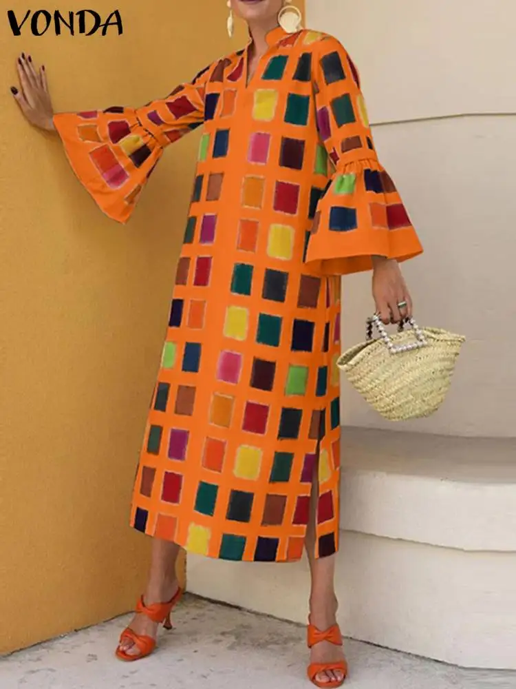 Plus Size 5XL Bohemian Midi Dress 2023 VONDA Women Plaid Printed Vestido Flare Sleeve Elegant Party Evening Sundress Casual Robe