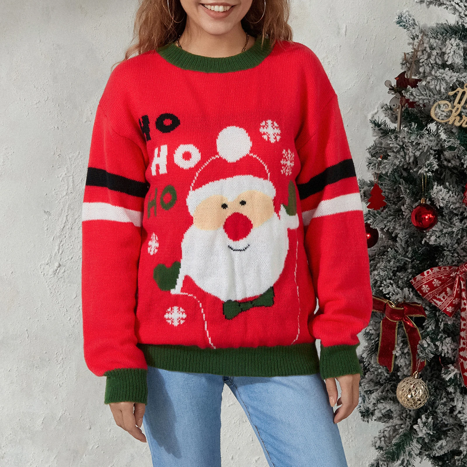 

Autumn Winter Warm Christmas Sweater Women Contrast Color Santa Jacquard Long Sleeve Crew Neck Loose Knit Tops Streetwear